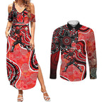 Melbourne Renegades Couples Matching Summer Maxi Dress and Long Sleeve Button Shirt Indigenous Dot Art Superhero Batter Tribal Pattern