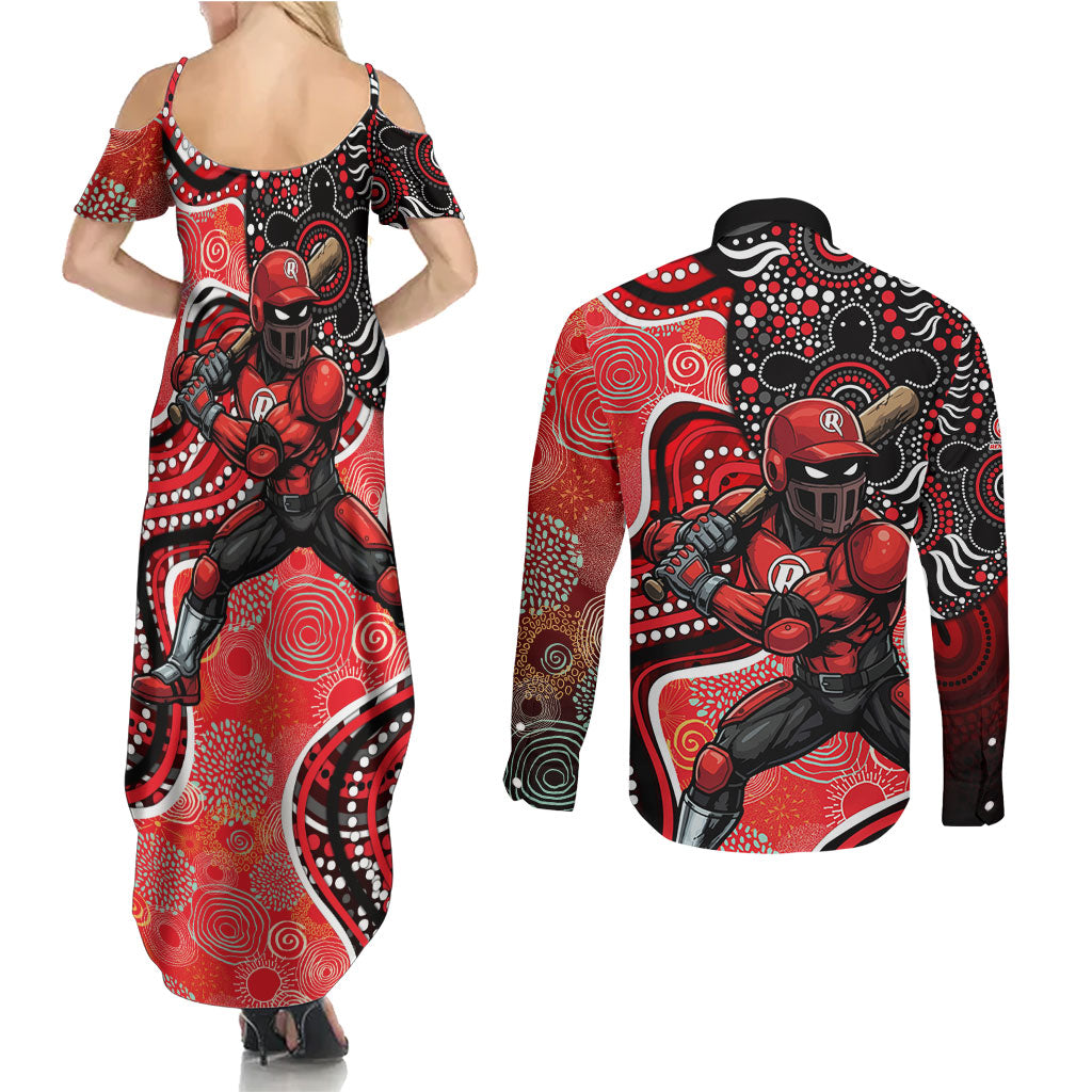 Melbourne Renegades Couples Matching Summer Maxi Dress and Long Sleeve Button Shirt Indigenous Dot Art Superhero Batter Tribal Pattern