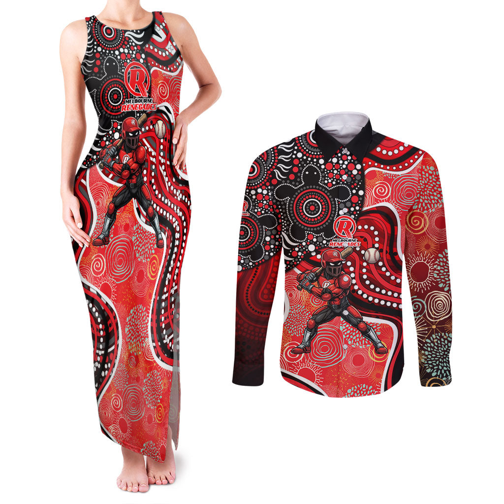 Melbourne Renegades Couples Matching Tank Maxi Dress and Long Sleeve Button Shirt Indigenous Dot Art Superhero Batter Tribal Pattern