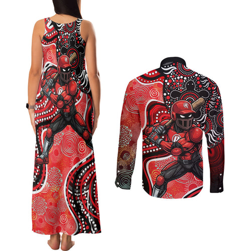 Melbourne Renegades Couples Matching Tank Maxi Dress and Long Sleeve Button Shirt Indigenous Dot Art Superhero Batter Tribal Pattern