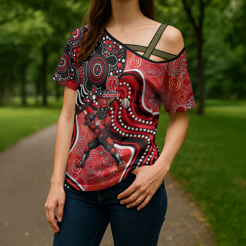 Melbourne Renegades Cross Shoulder Shirt Indigenous Dot Art Superhero Batter Tribal Pattern