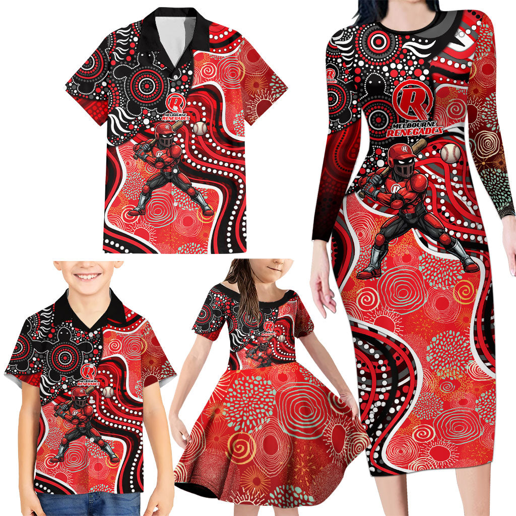Melbourne Renegades Family Matching Long Sleeve Bodycon Dress and Hawaiian Shirt Indigenous Dot Art Superhero Batter Tribal Pattern