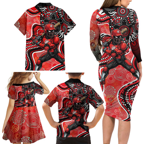 Melbourne Renegades Family Matching Long Sleeve Bodycon Dress and Hawaiian Shirt Indigenous Dot Art Superhero Batter Tribal Pattern