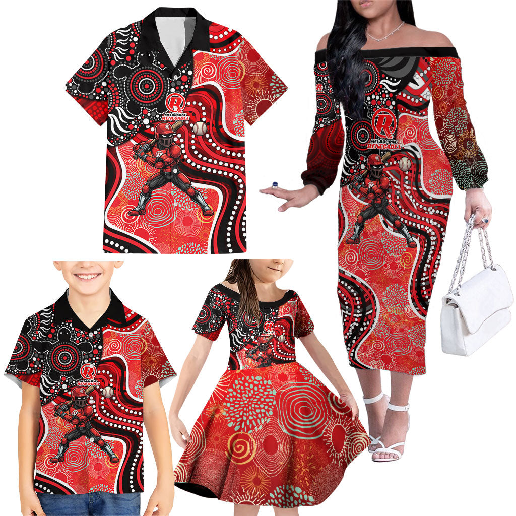 Melbourne Renegades Family Matching Off The Shoulder Long Sleeve Dress and Hawaiian Shirt Indigenous Dot Art Superhero Batter Tribal Pattern