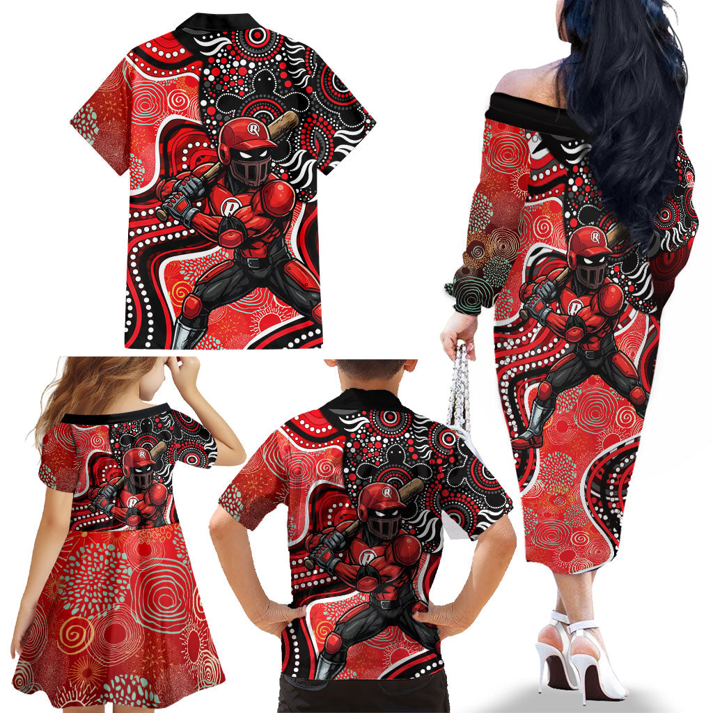 Melbourne Renegades Family Matching Off The Shoulder Long Sleeve Dress and Hawaiian Shirt Indigenous Dot Art Superhero Batter Tribal Pattern