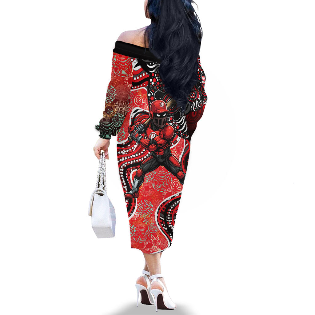 Melbourne Renegades Family Matching Off The Shoulder Long Sleeve Dress and Hawaiian Shirt Indigenous Dot Art Superhero Batter Tribal Pattern