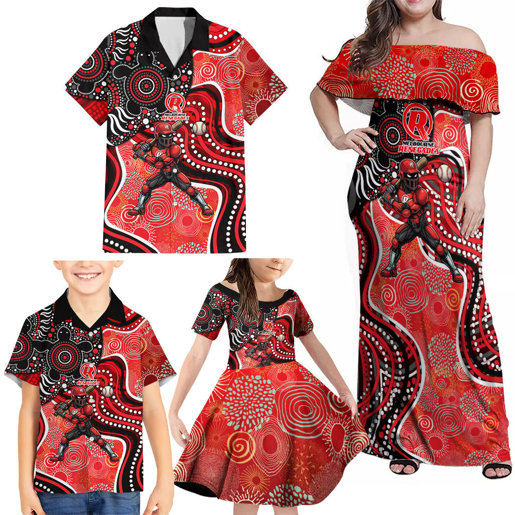 Melbourne Renegades Family Matching Off Shoulder Maxi Dress and Hawaiian Shirt Indigenous Dot Art Superhero Batter Tribal Pattern