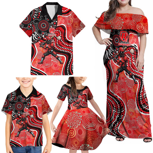 Melbourne Renegades Family Matching Off Shoulder Maxi Dress and Hawaiian Shirt Indigenous Dot Art Superhero Batter Tribal Pattern