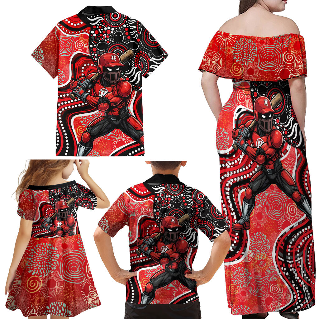 Melbourne Renegades Family Matching Off Shoulder Maxi Dress and Hawaiian Shirt Indigenous Dot Art Superhero Batter Tribal Pattern