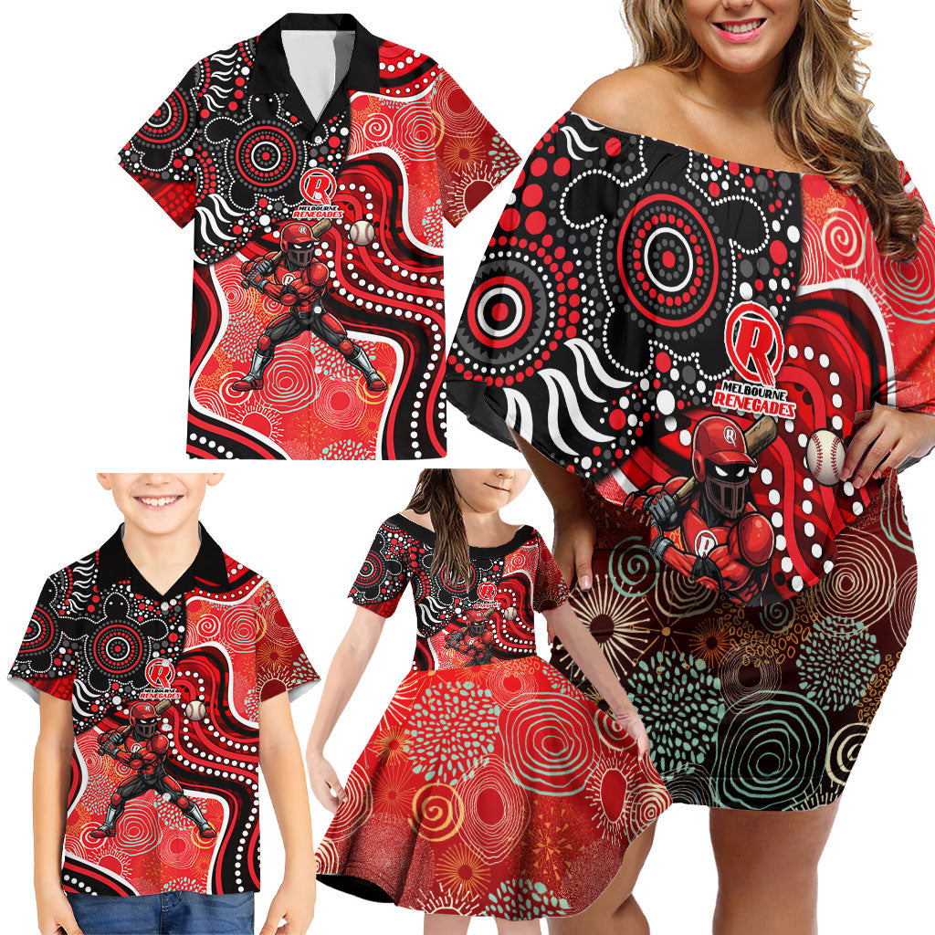 Melbourne Renegades Family Matching Off Shoulder Short Dress and Hawaiian Shirt Indigenous Dot Art Superhero Batter Tribal Pattern