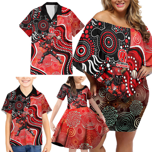 Melbourne Renegades Family Matching Off Shoulder Short Dress and Hawaiian Shirt Indigenous Dot Art Superhero Batter Tribal Pattern