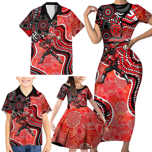 Melbourne Renegades Family Matching Short Sleeve Bodycon Dress and Hawaiian Shirt Indigenous Dot Art Superhero Batter Tribal Pattern