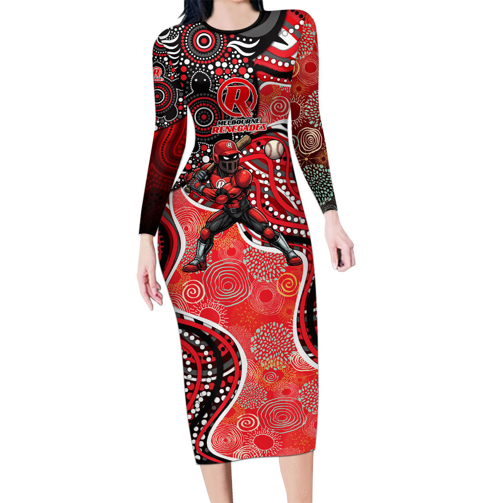 Melbourne Renegades Long Sleeve Bodycon Dress Indigenous Dot Art Superhero Batter Tribal Pattern