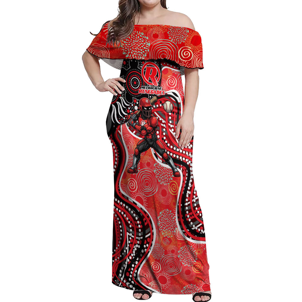 Melbourne Renegades Off Shoulder Maxi Dress Indigenous Dot Art Superhero Batter Tribal Pattern