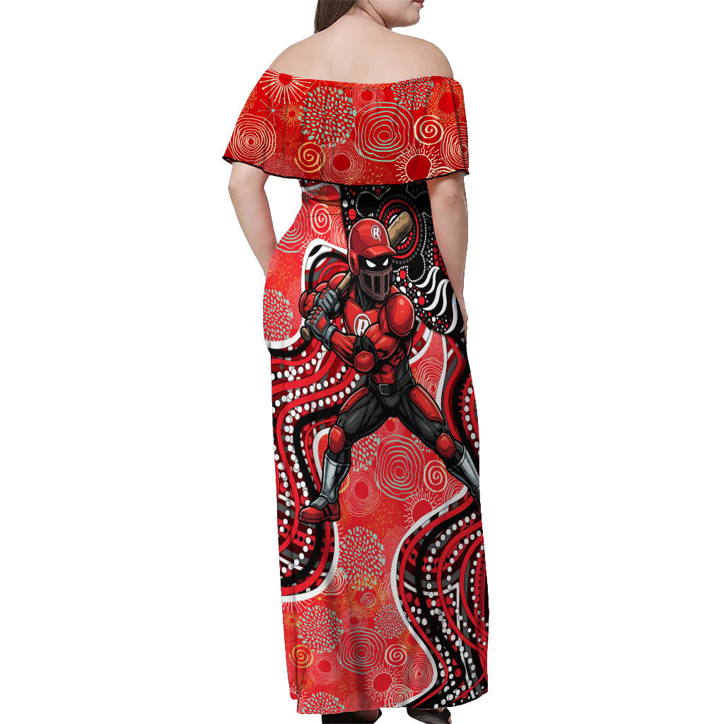 Melbourne Renegades Off Shoulder Maxi Dress Indigenous Dot Art Superhero Batter Tribal Pattern