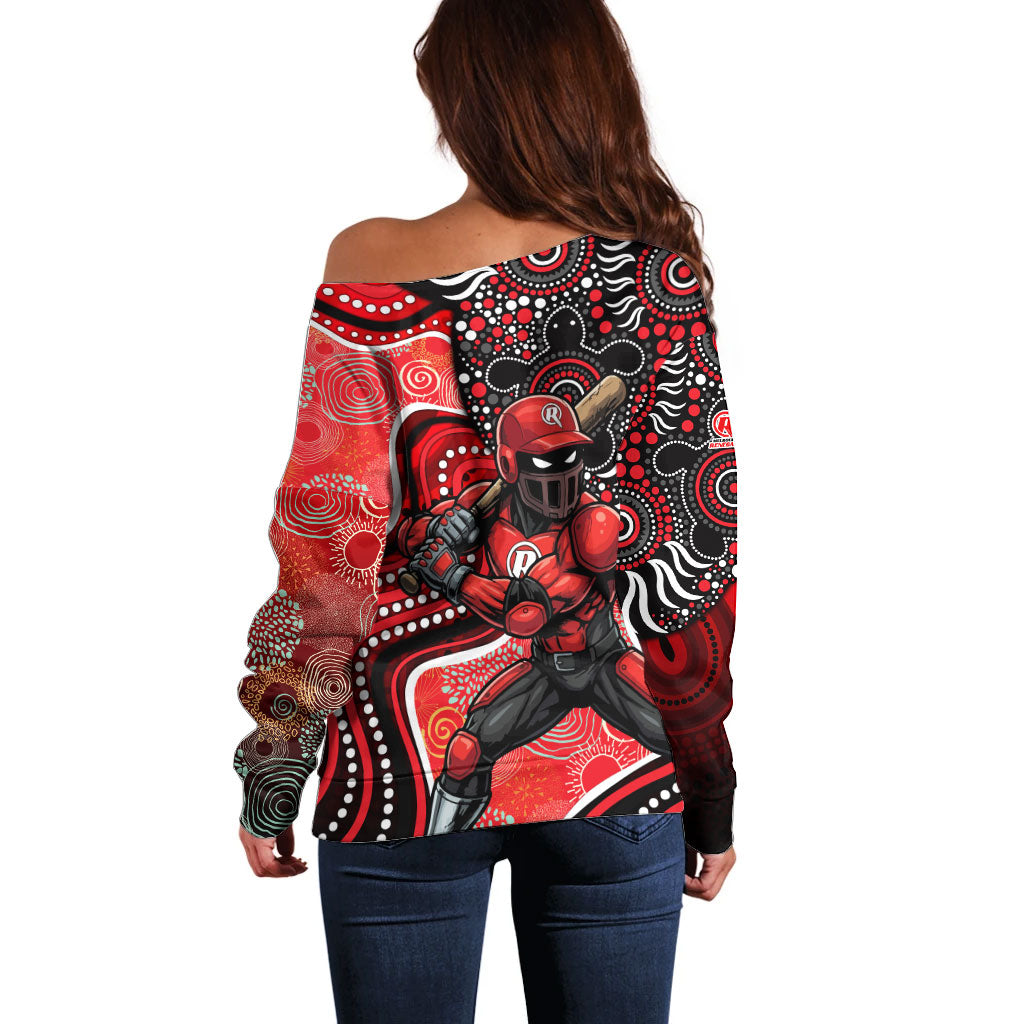 Melbourne Renegades Off Shoulder Sweater Indigenous Dot Art Superhero Batter Tribal Pattern