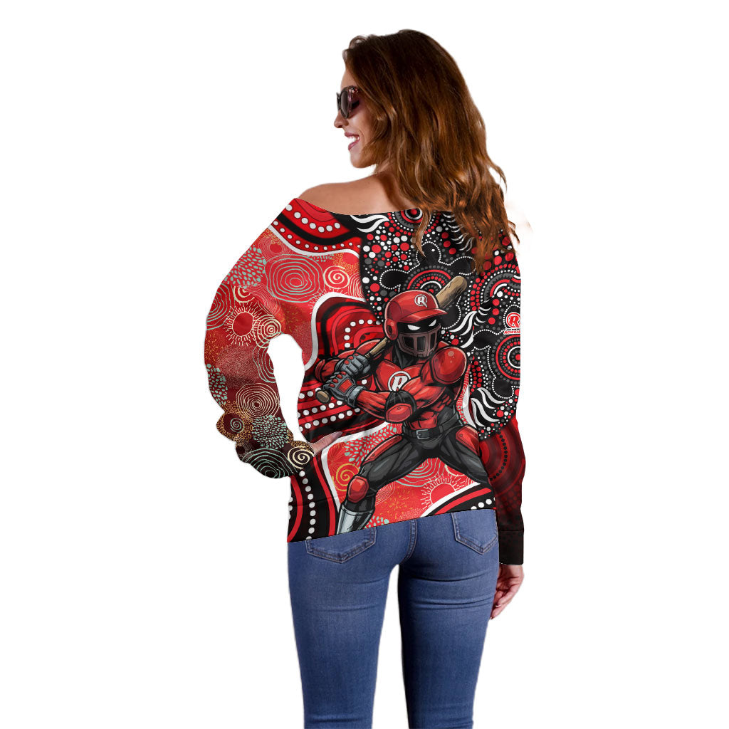 Melbourne Renegades Off Shoulder Sweater Indigenous Dot Art Superhero Batter Tribal Pattern