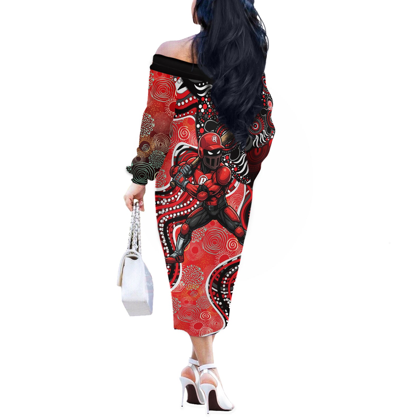 Melbourne Renegades Off The Shoulder Long Sleeve Dress Indigenous Dot Art Superhero Batter Tribal Pattern