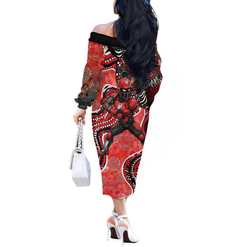 Melbourne Renegades Off The Shoulder Long Sleeve Dress Indigenous Dot Art Superhero Batter Tribal Pattern