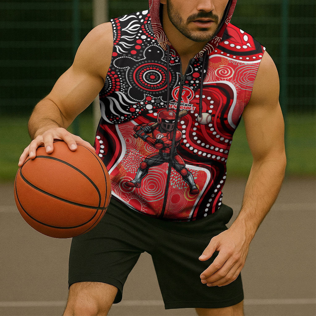 Melbourne Renegades Sleeveless Zip Hoodie Indigenous Dot Art Superhero Batter Tribal Pattern