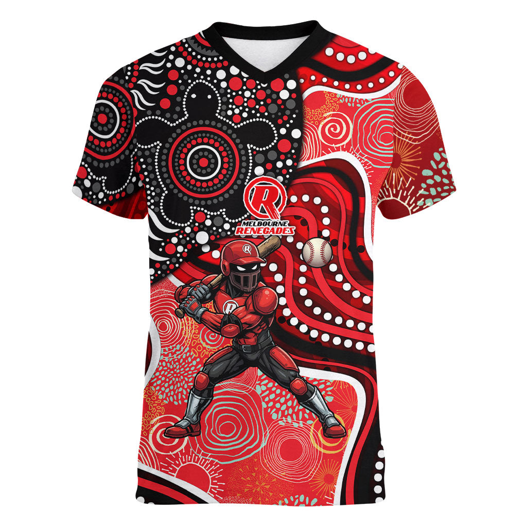 Melbourne Renegades Women V-Neck T-Shirt Indigenous Dot Art Superhero Batter Tribal Pattern