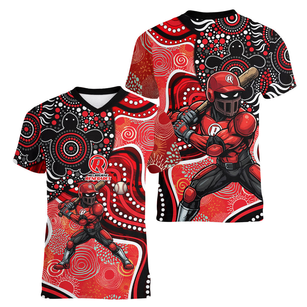Melbourne Renegades Women V-Neck T-Shirt Indigenous Dot Art Superhero Batter Tribal Pattern