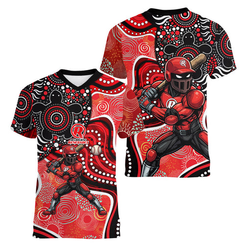 Melbourne Renegades Women V-Neck T-Shirt Indigenous Dot Art Superhero Batter Tribal Pattern