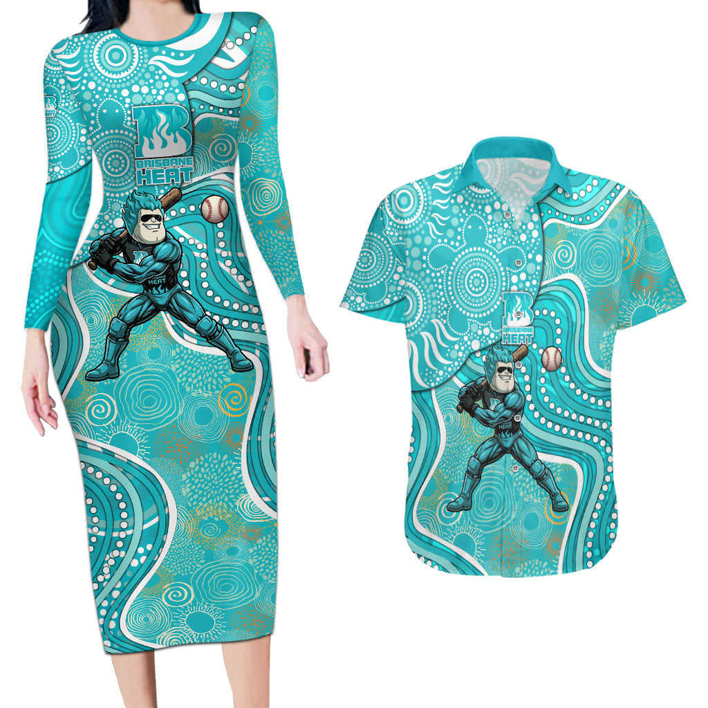 Brisbane Heat Couples Matching Long Sleeve Bodycon Dress and Hawaiian Shirt Indigenous Dot Art Superhero Batter Tribal Pattern
