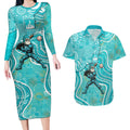 Brisbane Heat Couples Matching Long Sleeve Bodycon Dress and Hawaiian Shirt Indigenous Dot Art Superhero Batter Tribal Pattern