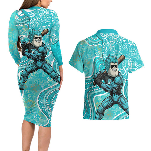 Brisbane Heat Couples Matching Long Sleeve Bodycon Dress and Hawaiian Shirt Indigenous Dot Art Superhero Batter Tribal Pattern