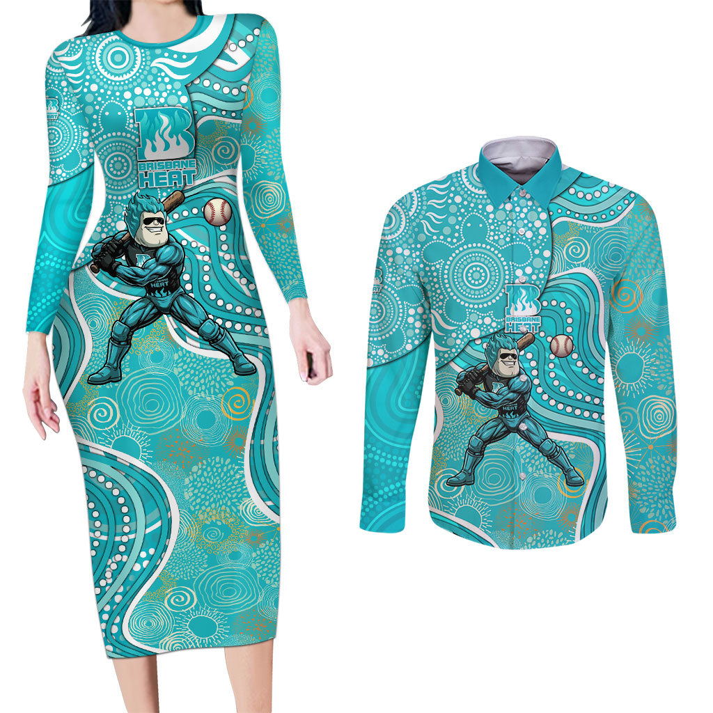 Brisbane Heat Couples Matching Long Sleeve Bodycon Dress and Long Sleeve Button Shirt Indigenous Dot Art Superhero Batter Tribal Pattern