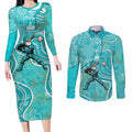 Brisbane Heat Couples Matching Long Sleeve Bodycon Dress and Long Sleeve Button Shirt Indigenous Dot Art Superhero Batter Tribal Pattern