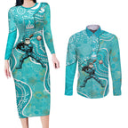 Brisbane Heat Couples Matching Long Sleeve Bodycon Dress and Long Sleeve Button Shirt Indigenous Dot Art Superhero Batter Tribal Pattern