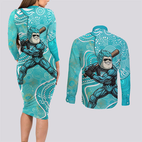 Brisbane Heat Couples Matching Long Sleeve Bodycon Dress and Long Sleeve Button Shirt Indigenous Dot Art Superhero Batter Tribal Pattern