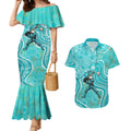Brisbane Heat Couples Matching Mermaid Dress and Hawaiian Shirt Indigenous Dot Art Superhero Batter Tribal Pattern
