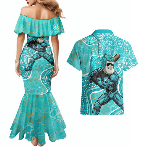 Brisbane Heat Couples Matching Mermaid Dress and Hawaiian Shirt Indigenous Dot Art Superhero Batter Tribal Pattern