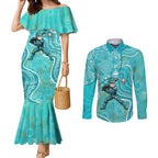 Brisbane Heat Couples Matching Mermaid Dress and Long Sleeve Button Shirt Indigenous Dot Art Superhero Batter Tribal Pattern