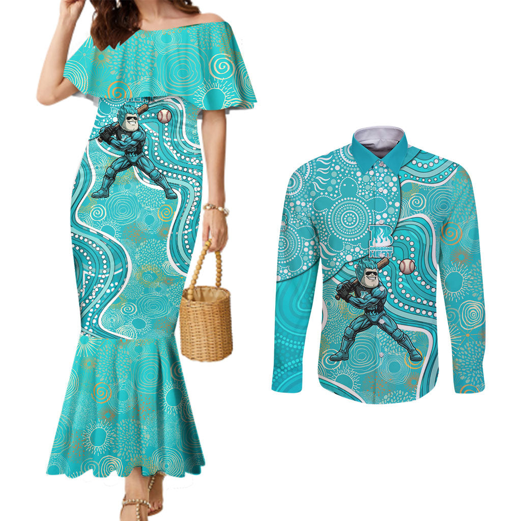 Brisbane Heat Couples Matching Mermaid Dress and Long Sleeve Button Shirt Indigenous Dot Art Superhero Batter Tribal Pattern