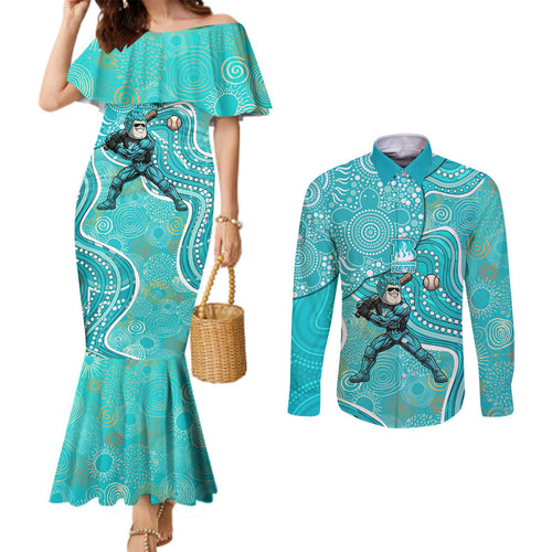 Brisbane Heat Couples Matching Mermaid Dress and Long Sleeve Button Shirt Indigenous Dot Art Superhero Batter Tribal Pattern