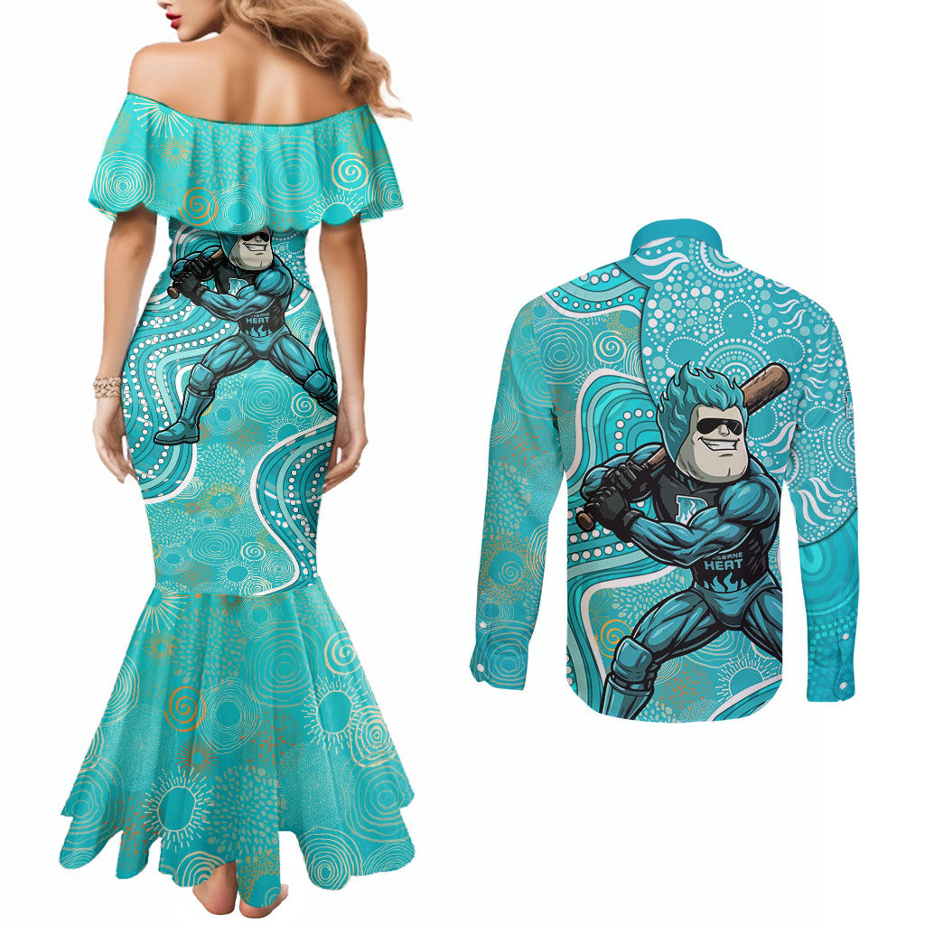 Brisbane Heat Couples Matching Mermaid Dress and Long Sleeve Button Shirt Indigenous Dot Art Superhero Batter Tribal Pattern