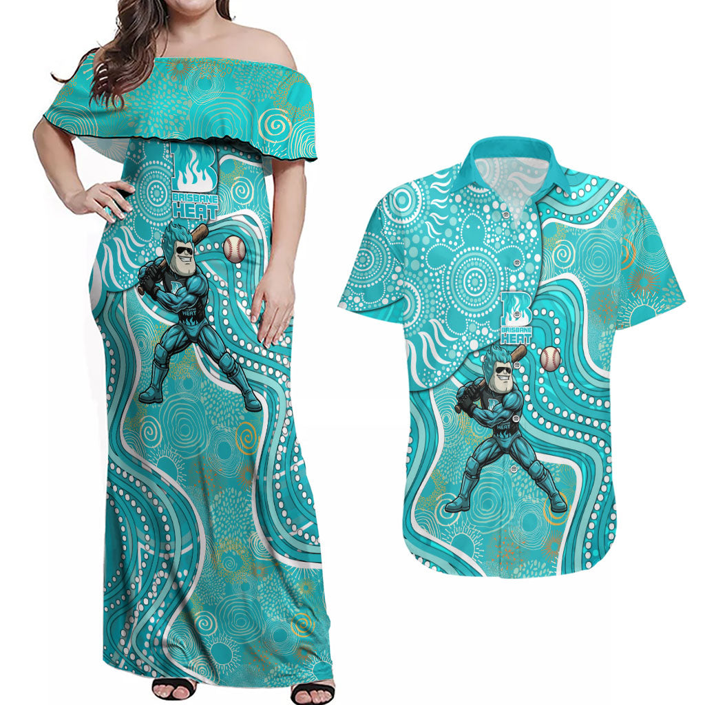 Brisbane Heat Couples Matching Off Shoulder Maxi Dress and Hawaiian Shirt Indigenous Dot Art Superhero Batter Tribal Pattern