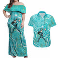 Brisbane Heat Couples Matching Off Shoulder Maxi Dress and Hawaiian Shirt Indigenous Dot Art Superhero Batter Tribal Pattern