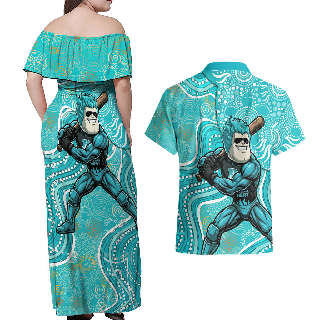 Brisbane Heat Couples Matching Off Shoulder Maxi Dress and Hawaiian Shirt Indigenous Dot Art Superhero Batter Tribal Pattern