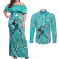 Brisbane Heat Couples Matching Off Shoulder Maxi Dress and Long Sleeve Button Shirt Indigenous Dot Art Superhero Batter Tribal Pattern