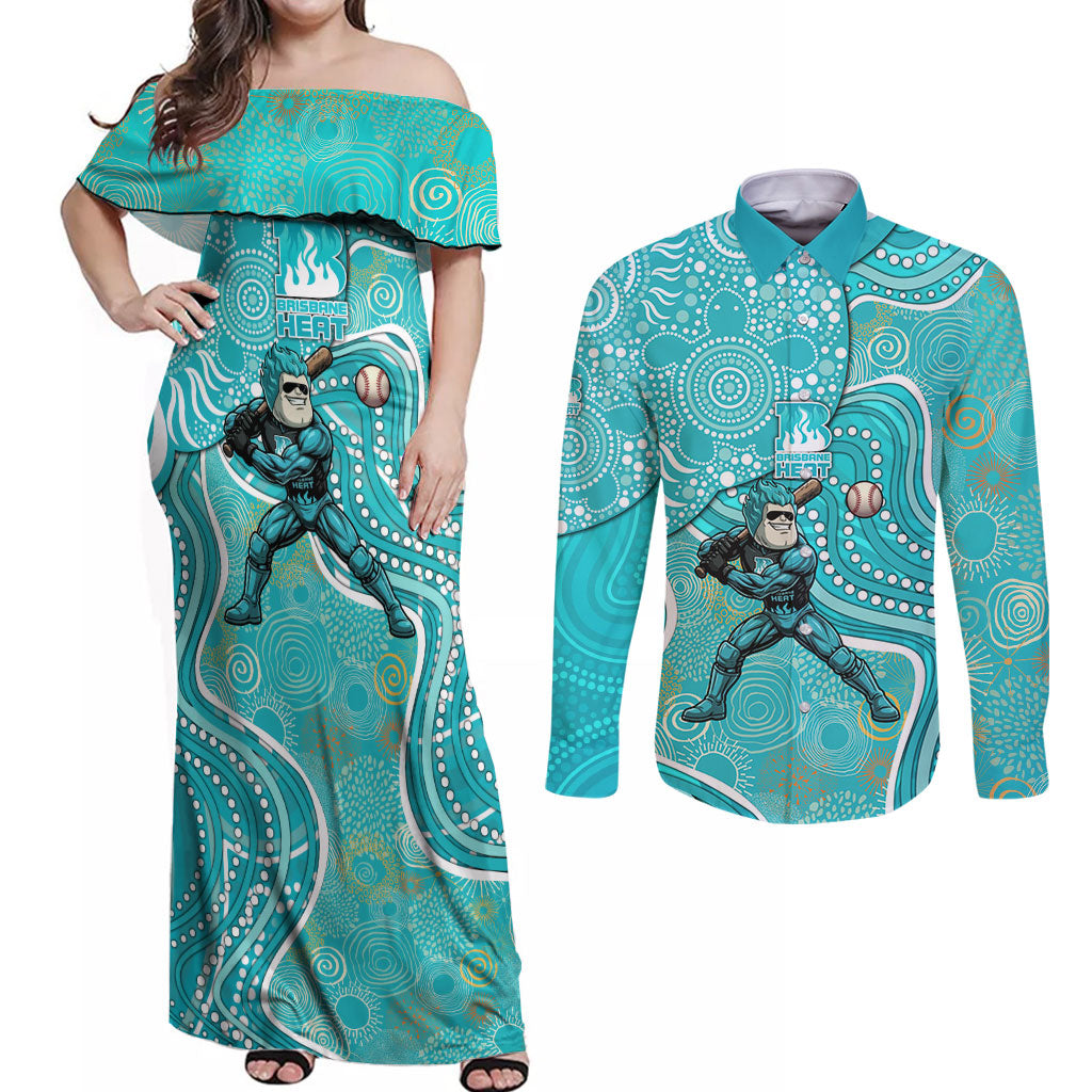 Brisbane Heat Couples Matching Off Shoulder Maxi Dress and Long Sleeve Button Shirt Indigenous Dot Art Superhero Batter Tribal Pattern
