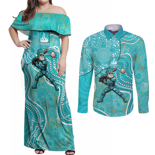 Brisbane Heat Couples Matching Off Shoulder Maxi Dress and Long Sleeve Button Shirt Indigenous Dot Art Superhero Batter Tribal Pattern