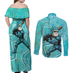 Brisbane Heat Couples Matching Off Shoulder Maxi Dress and Long Sleeve Button Shirt Indigenous Dot Art Superhero Batter Tribal Pattern
