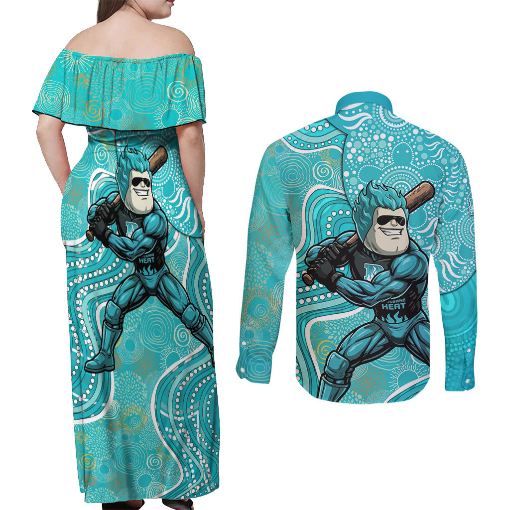 Brisbane Heat Couples Matching Off Shoulder Maxi Dress and Long Sleeve Button Shirt Indigenous Dot Art Superhero Batter Tribal Pattern