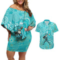 Brisbane Heat Couples Matching Off Shoulder Short Dress and Hawaiian Shirt Indigenous Dot Art Superhero Batter Tribal Pattern