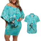 Brisbane Heat Couples Matching Off Shoulder Short Dress and Hawaiian Shirt Indigenous Dot Art Superhero Batter Tribal Pattern